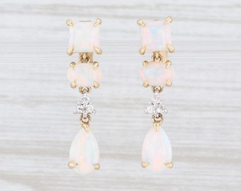 New Synthetic Opal White Sapphire Dangle Earrings 10k Yellow Gold Pierced Drop