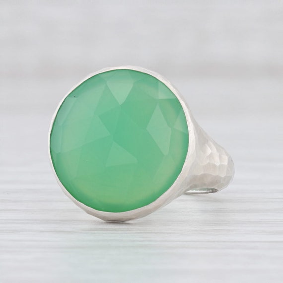 Green Stone Ring, Chrysoprase Ring, Hammered Silve