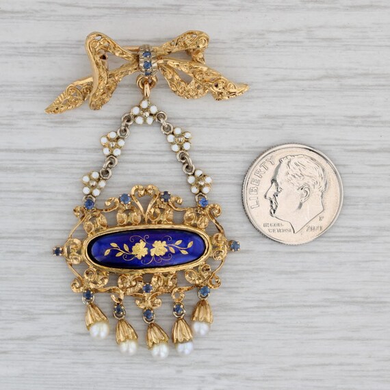 Antique Ornate Flower Brooch 18k Gold Pearls Sapp… - image 6