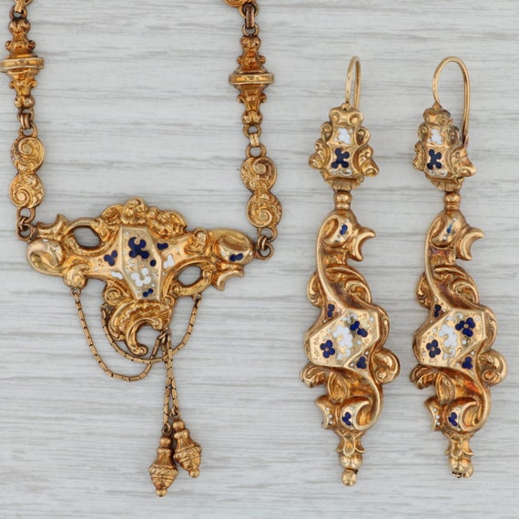 Ornate Antique 1800s Necklace Earrings Set 14k Go… - image 1