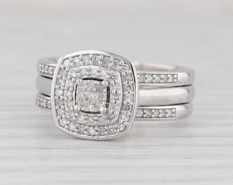 Anello di fidanzamento con diamante Halo da 0,40 ct, fedi nuziali saldate, set da sposa in oro 10 carati
