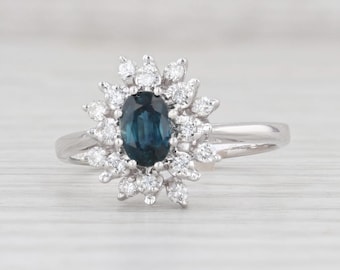 0.88ctw Blue Sapphire White Diamond Halo Ring 14k White Gold Sz 6.75 Engagement