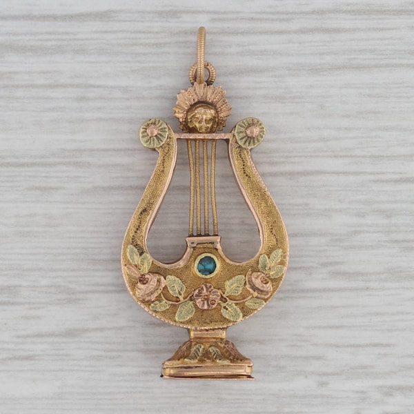 Antique Lyre Figurine Charm 16-17k Gold Turquoise Pendant 1800s Floral D'amitie