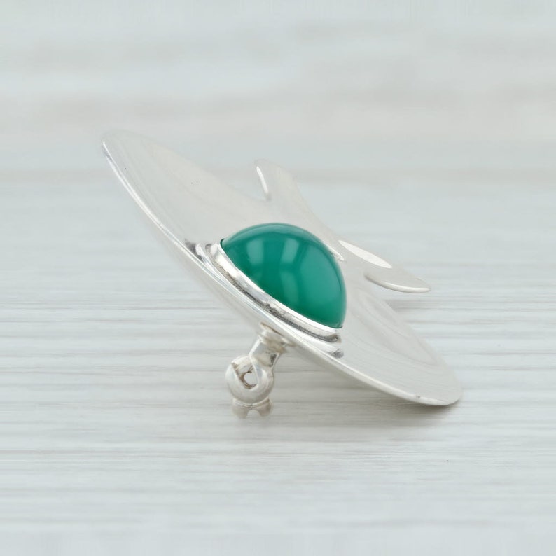 Green Chalcedony Whale Brooch Sterling Silver Denmark Vintage Pin
