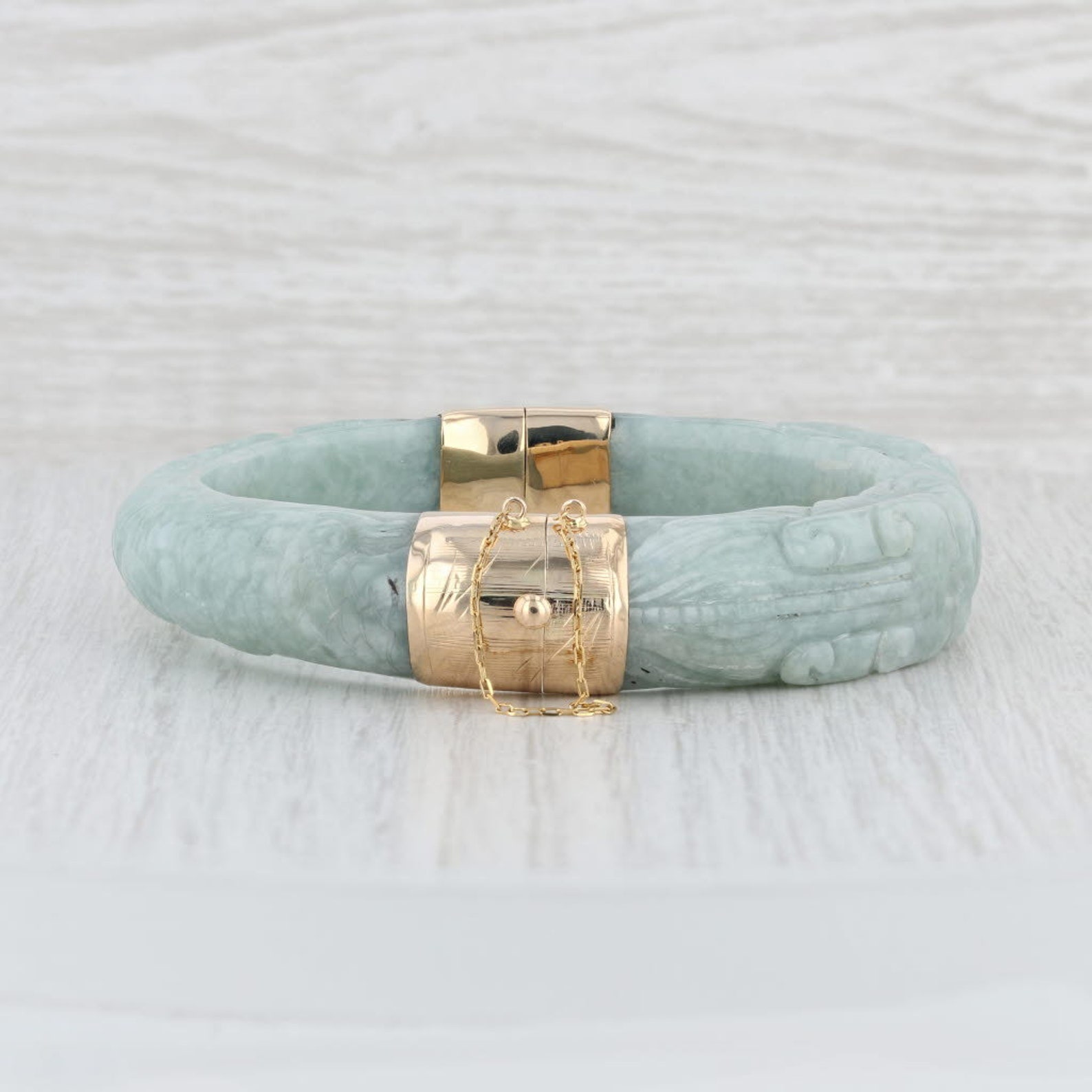 Carved Jade Dragon Bangle Bracelet 14k Yellow Gold Green Etsy