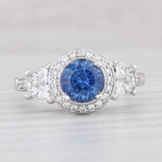 1.95ctw Blue Sapphire Diamond Halo Ring Platinum … - image 2