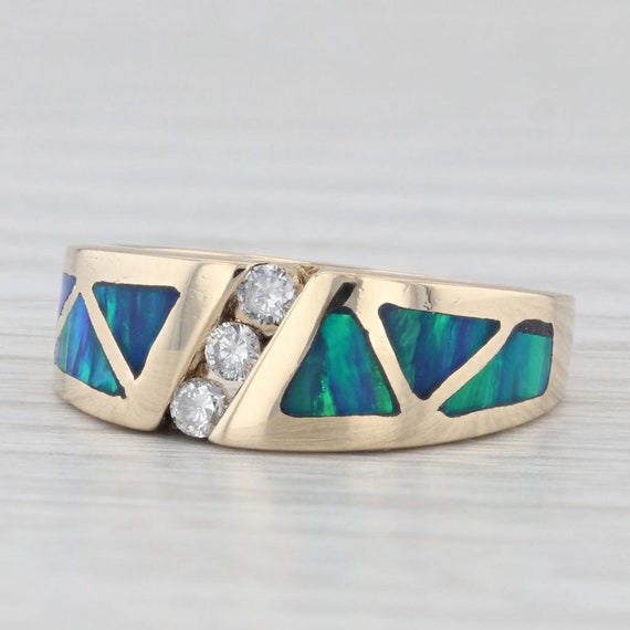 Lab Created Blue Green Opal Mosaic Diamond Ring 1… - image 1