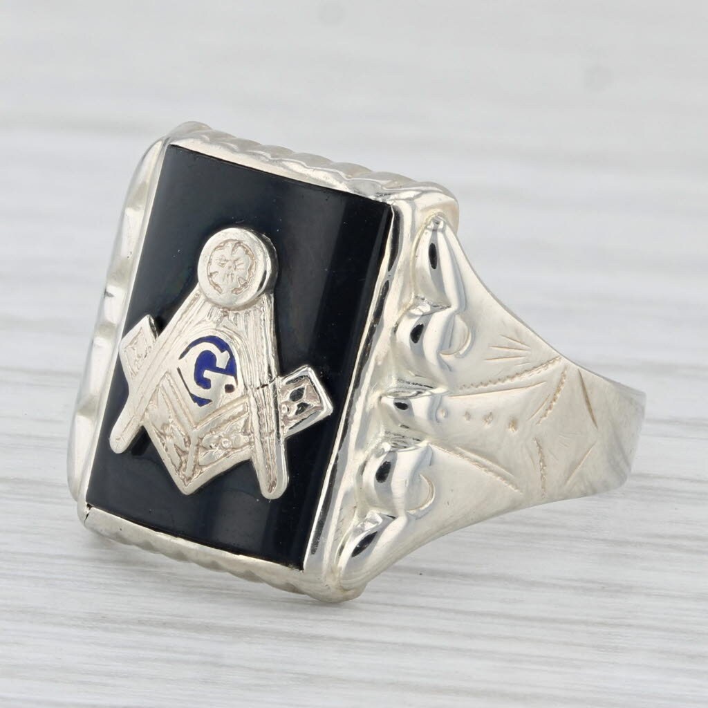 Onyx Masonic Signet Ring 14k White Gold Square Compass Blue Lodge