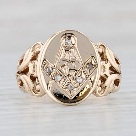 Victorian Diamond Masonic Signet Ring 10k Gold Si… - image 2