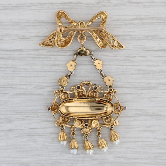 Antique Ornate Flower Brooch 18k Gold Pearls Sapp… - image 2