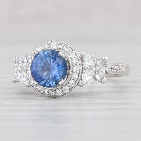 1.95ctw Blue Sapphire Diamond Halo Ring Platinum … - image 1