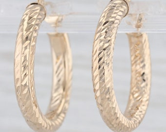 Etched Hoop Earrings 14k Yellow Gold Snap Top Round Hoops