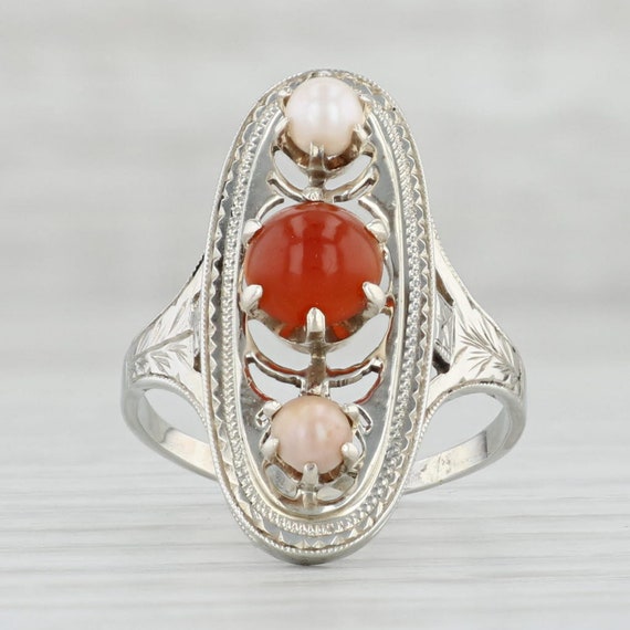 Edwardian Cultured Pearl Carnelian Ring 14k White… - image 3