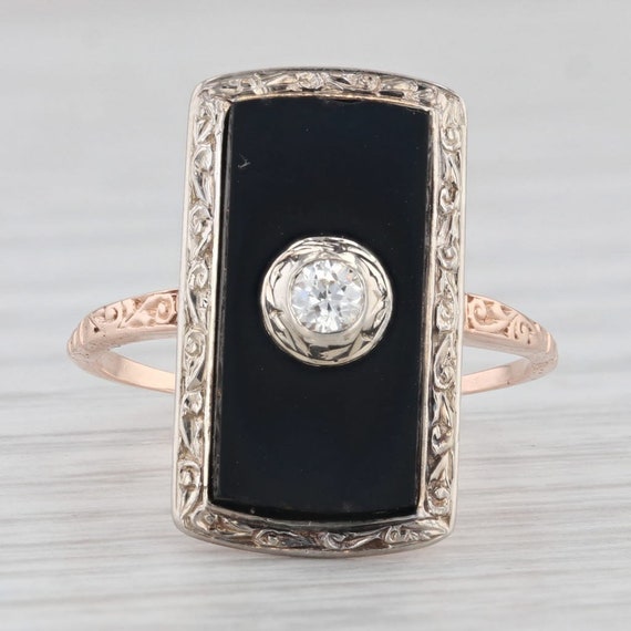 Vintage Onyx Diamond Signet Ring 10k Rose White G… - image 2