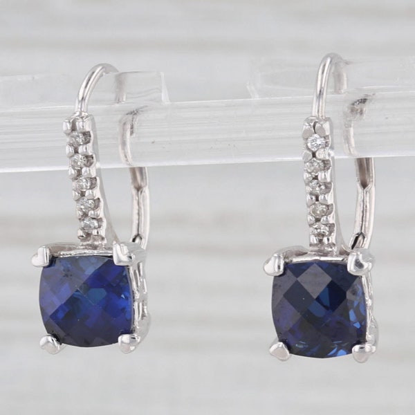 Lab Created Blue Sapphire Diamond Drop Earrings 14k White Gold Lever Backs