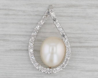 Cultured Pearl Diamond Teardrop Pendant 14k White Gold