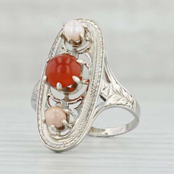 Edwardian Cultured Pearl Carnelian Ring 14k White… - image 1