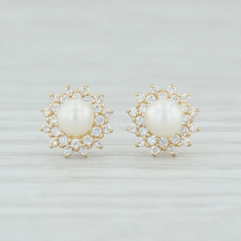 CZ Stud Earrings Pearl Flower Earrings Pearl Stud Earrings Pearl Halo Earrings CZ Halo Earrings Yellow Gold Studs Halo Stud Earrings