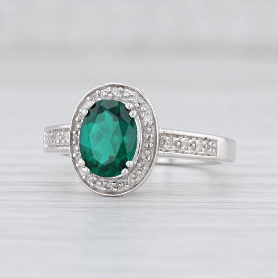 New Lab Created Emerald Diamond Halo Ring 10k Whi… - image 1