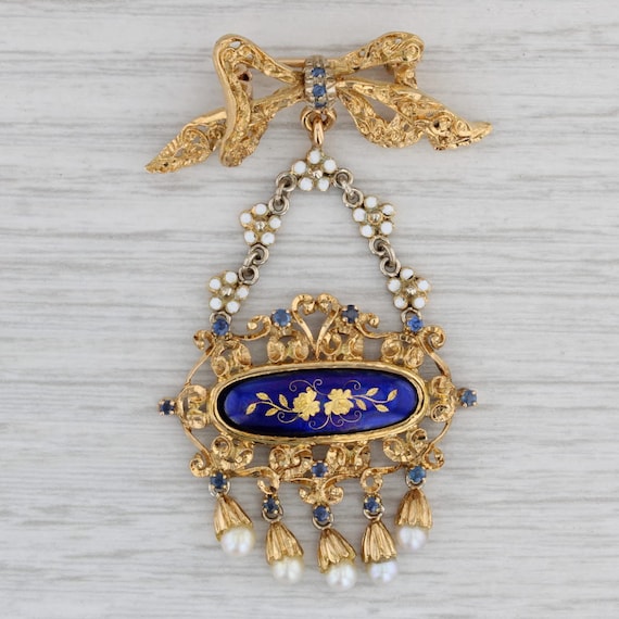 Antique Ornate Flower Brooch 18k Gold Pearls Sapp… - image 1