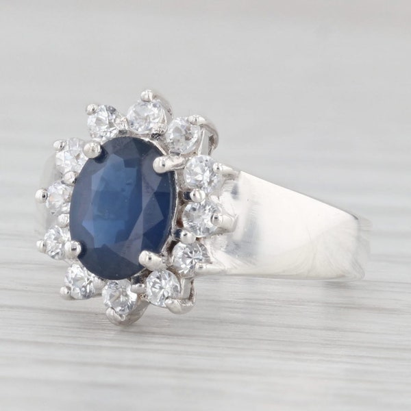 1.76ctw Oval Sapphire White Zircon Halo Flower Ring Sterling Silver Size 5.5