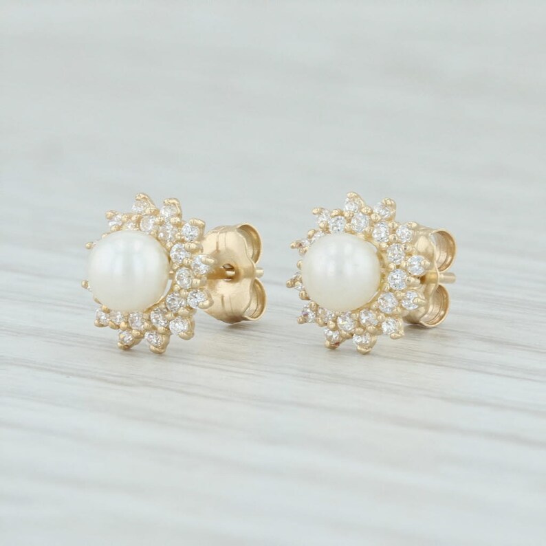 CZ Stud Earrings Pearl Flower Earrings Pearl Stud Earrings Pearl Halo Earrings CZ Halo Earrings Yellow Gold Studs Halo Stud Earrings