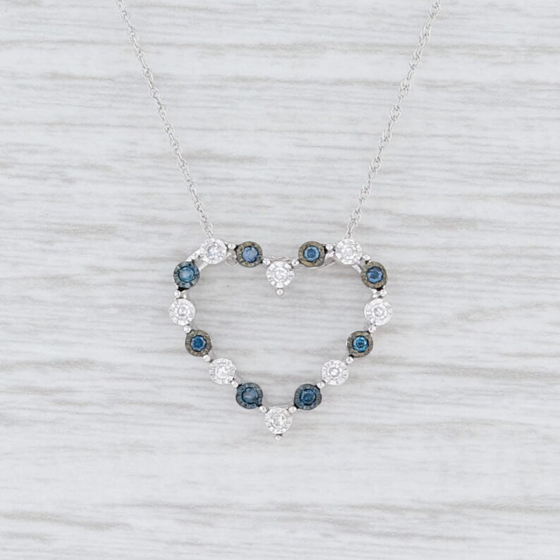 Diamond Heart Pendant Diamond Pendant Necklace 18 Necklace White Gold Necklace Blue /& White Diamond Pendant Rope Chain Gift for Her