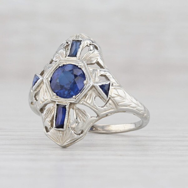 Layaway Payment FINAL: Art Deco Lab Created Blue Sapphire Ring 18k White Gold Size 7 Vintage Floral