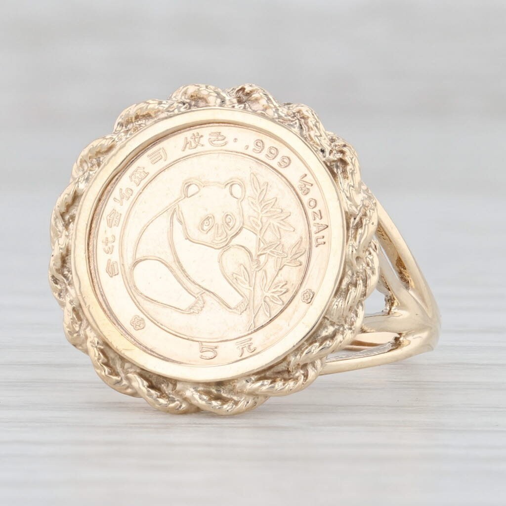 5 Yuan Panda Coin Copy Ring 10k Yellow Gold Size 8 Panda with Bamboo