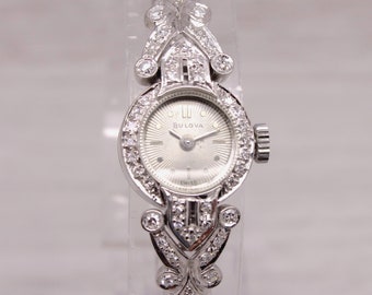 Reloj de pulsera vintage Bulova para mujer de oro blanco de 14 k y diamantes de 0,30 quilates - Con servicio -