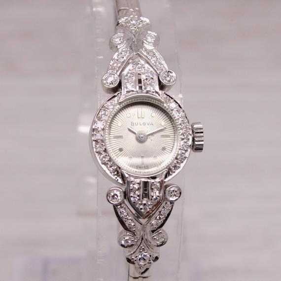Vintage Bulova Ladies 14k White Gold & Diamond Wr… - image 1