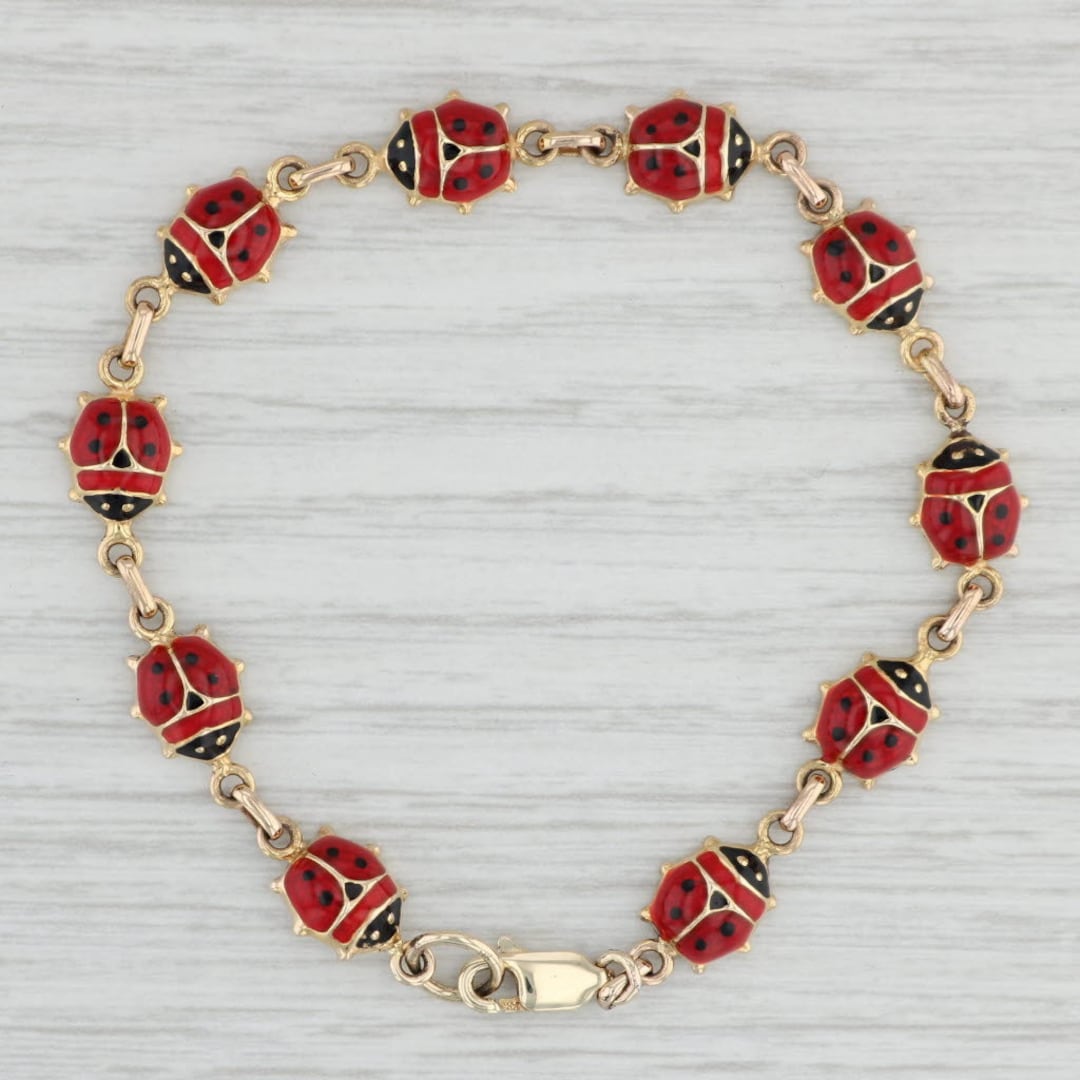 14K Yellow Gold Ladybug Enameled Bracelet, Italian