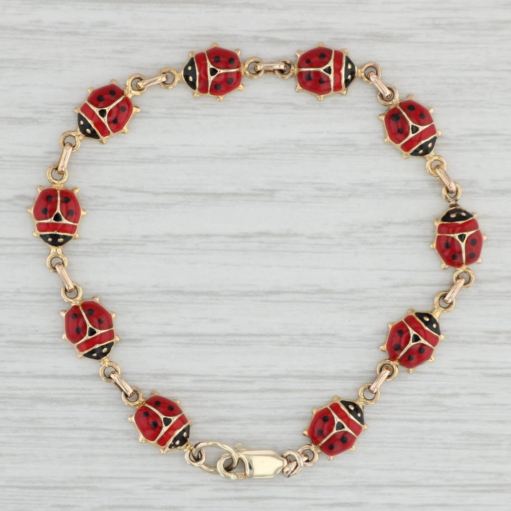 Ladybug Bracelet 14k Yellow Gold Enamel 6.75 8mm Luck Insect Jewelry 