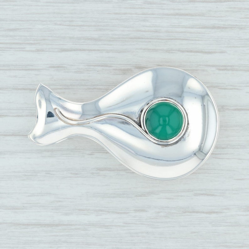 Green Chalcedony Whale Brooch Sterling Silver Denmark Vintage Pin