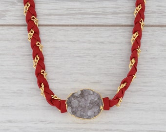 New Cordelia Nina Nguyen Necklace Red Woven Leather Gold Vermeil White Druzy