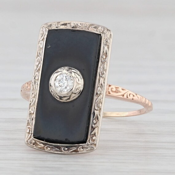 Vintage Onyx Diamond Signet Ring 10k Rose White G… - image 1