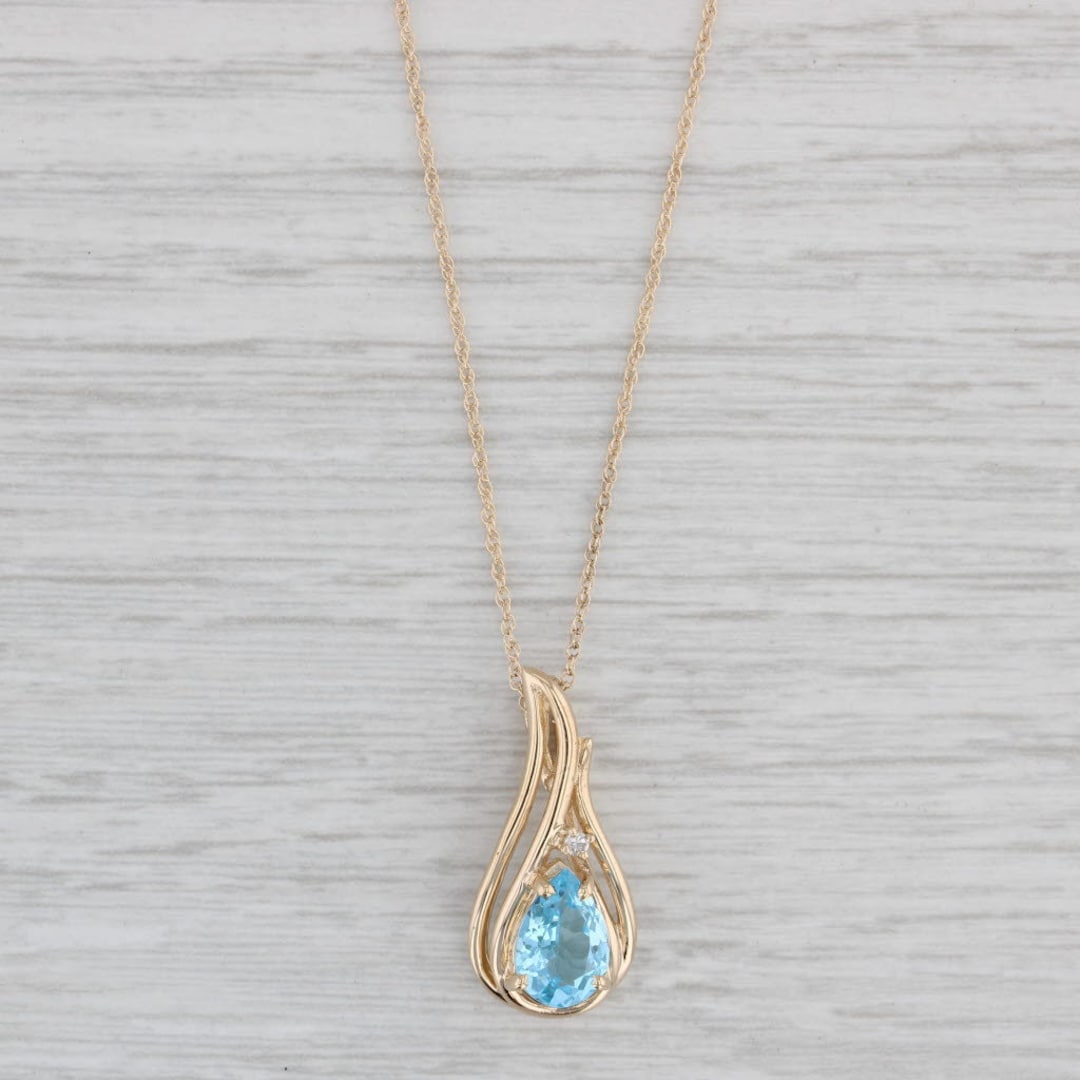 1.47ct Blue Topaz Teardrop Pendant Necklace 14k Yellow Gold 17 Rope