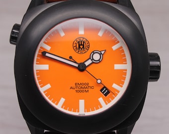 Enzo Mechana EM002 Mens 42mm Black PVD Steel Automatic Divers Watch Orange w Box