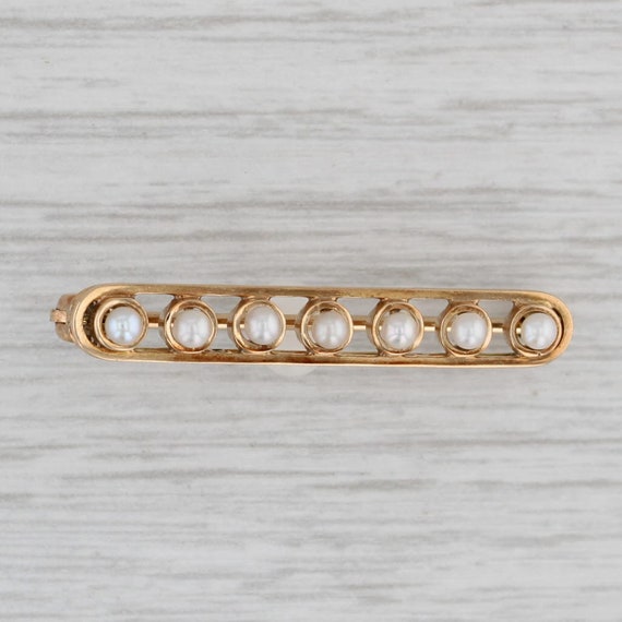 Cultured Pearl Bar Pin 14k Yellow Gold Vintage Br… - image 1