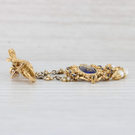 Antique Ornate Flower Brooch 18k Gold Pearls Sapp… - image 3