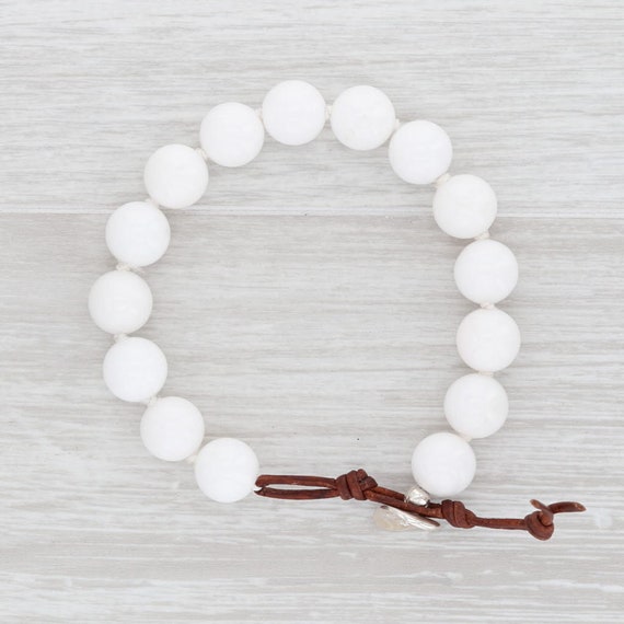 White Marble Bead Bracelet Sterling Silver Toggle Clasp Leather