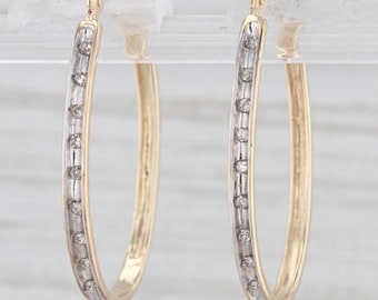 Diamond Oval Hoop Earrings 10k Yellow Gold Snap Top Hoops
