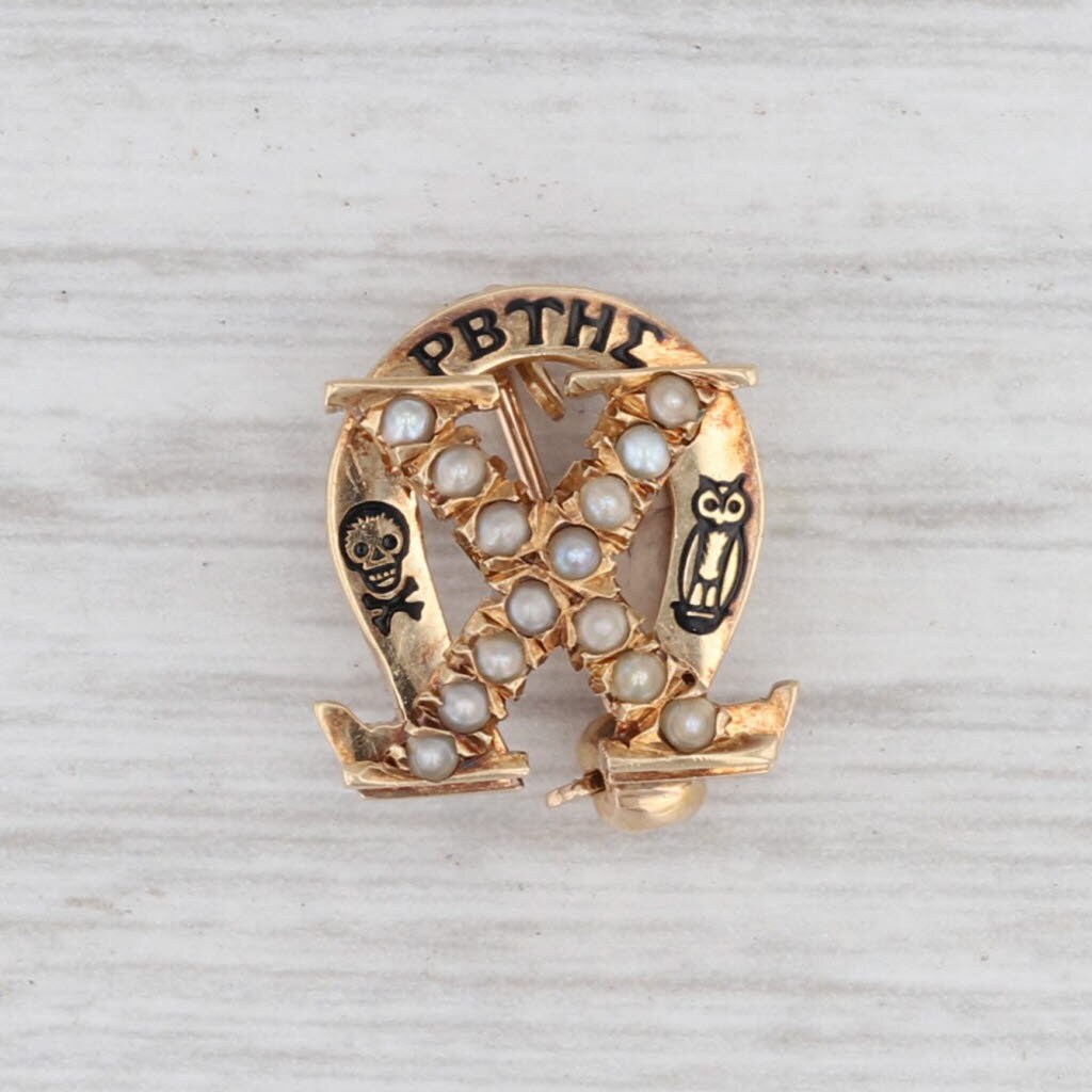 Chi Omega Sorority Badge 14k Yellow Gold Pearls Skull Owl Pin Vintage Greek Etsy UK
