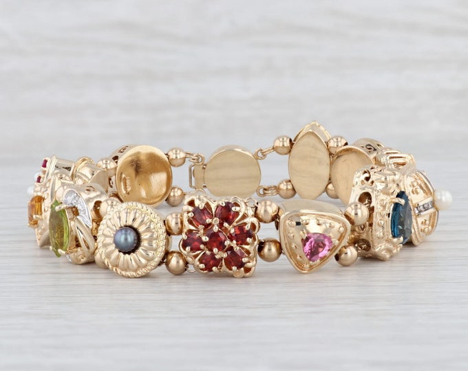 Vintage Gemstone Slide Charm Bracelet 14k Yellow Gold 7.5 Birhtstones