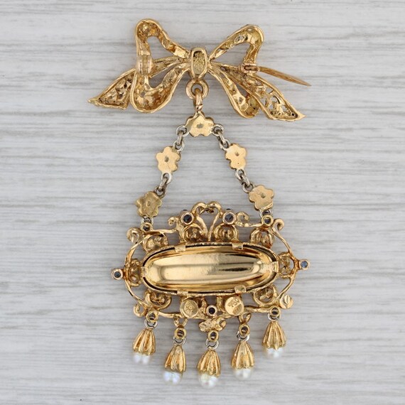 Antique Ornate Flower Brooch 18k Gold Pearls Sapp… - image 4