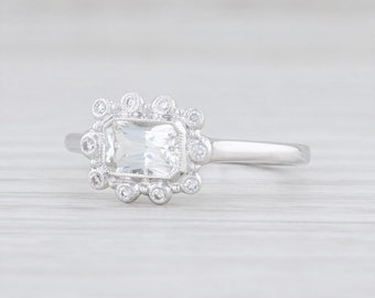 White Sapphire Ring, Diamond Halo Ring, Sapphire Halo Ring, White Sapphire Engagement Ring, 18k White Gold Ring, Size 6.75 Ring