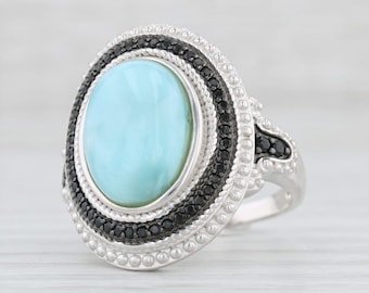 Blue Larimar Black CZ Halo Ring Sterling Silver Size 8 Cocktail Statement