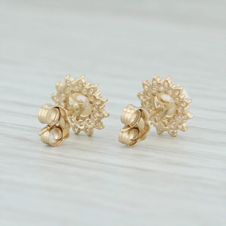 CZ Stud Earrings Pearl Flower Earrings Pearl Stud Earrings Pearl Halo Earrings CZ Halo Earrings Yellow Gold Studs Halo Stud Earrings