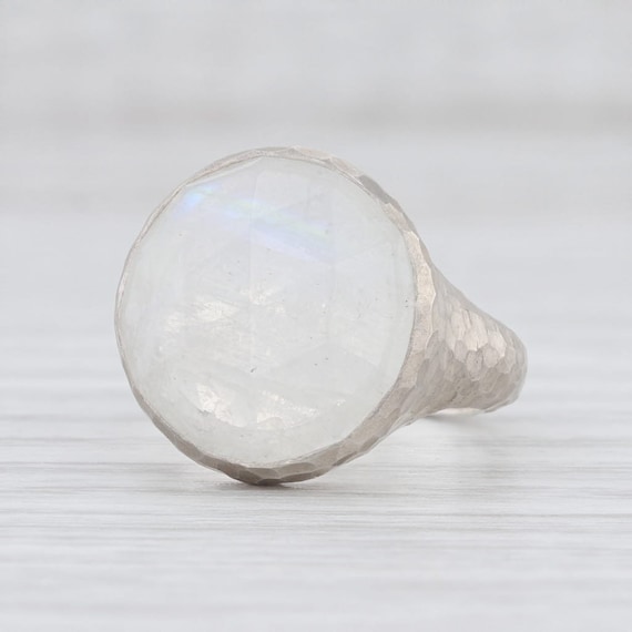 White Stone Ring, Moonstone Ring, Hammered Silver