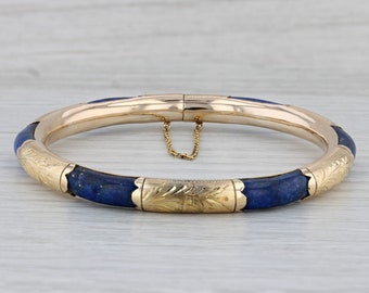 Vintage Lapis Lazuli Bangle Bracelet 14k Yellow Gold 7.5" 6.7mm Ornate